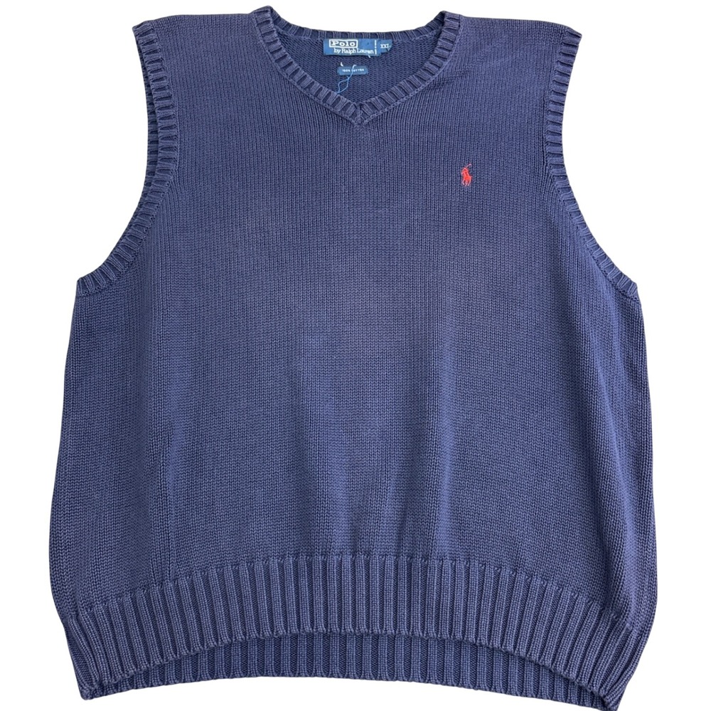 Polo Ralph Lauren Mens XXL Navy Blue Cotton Knit V-Neck Sweater Vest Red Pony
